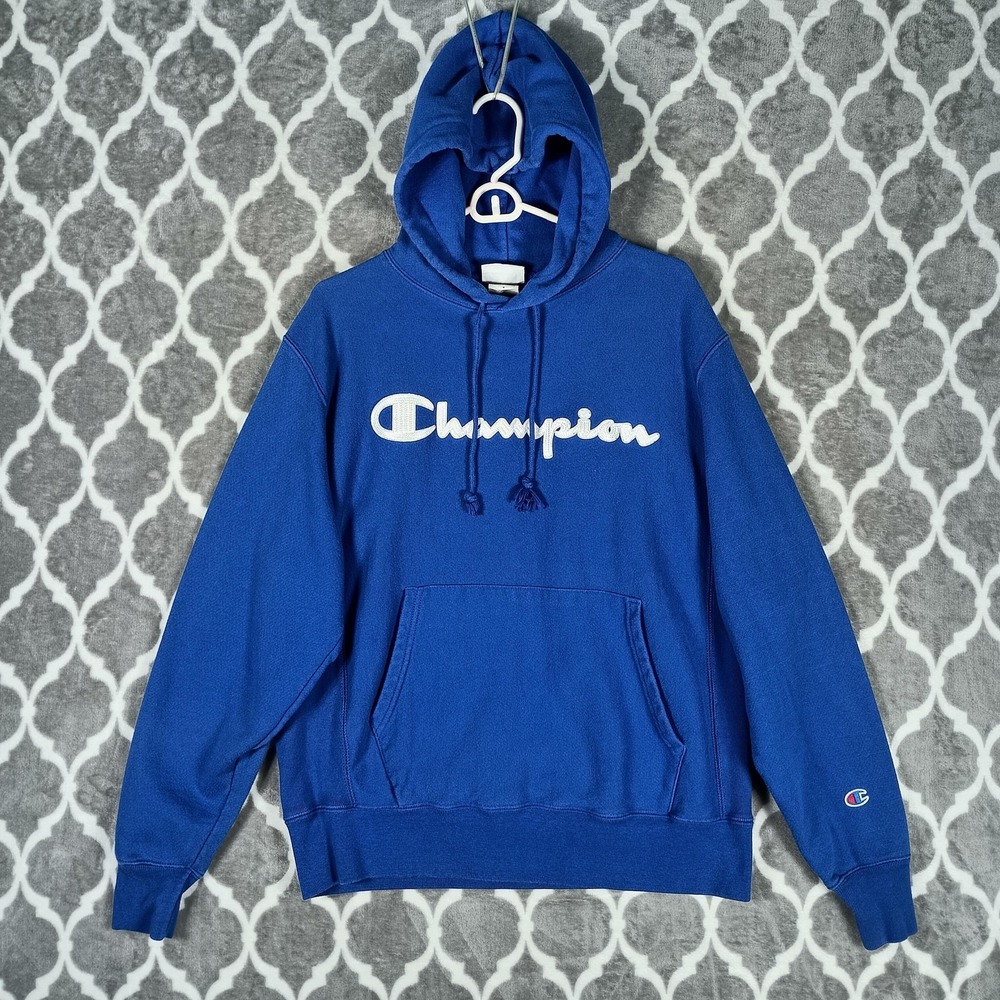 VTG 90s Champion Reverse Weave Hoodie Men Medium Blue Script Spellout Pullover